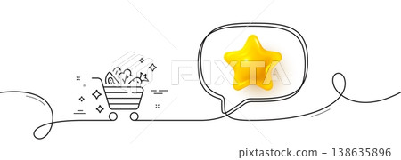 Vegetables cart line icon. Continuous line with 3d star. Lettuce, carrot with tomato sign. Low calories food symbol. 3d star in speech bubble. Vegetables cart single line ribbon. Vector Vegetables cart line icon. Continuous line with 3d star. Lettuce, carrot with tomato sign. Low calories food symbol. 3d star in speech bubble. Vegetables cart single line ribbon. Vector 138635896