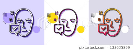 Face accepted line icon. Halftone dotted pattern. Gradient icon with grain shadow. Access granted sign. Facial identification success symbol. Line face accepted icon. Various designs. Vector 138635899