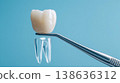 Dental care concept featuring a realistic tooth model held by tweezers symbolizing dental implants and oral health advancements in dentistry. Generative AI 138636312