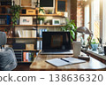 Stylish home office workspace with modern laptop on a wooden desk surrounded by plants and shelves filled with books in a sunlit room. Generative AI 138636320