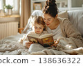 Cozy moment of a mother reading a book to her child in a warm living room creating a bond through storytelling and shared experiences together. Generative AI 138636322