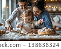 Family bonding in the kitchen creating delightful baked goods with love and laughter capturing joyful moments shared together while cooking. Generative AI 138636324
