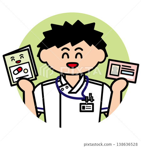 一名男護士手持用藥記錄簿和卡片（圓形背景）。 138636528