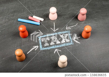 TAX Chalkboard Concept With People Figures And Direction Arrows TAX Chalkboard Concept With People Figures And Direction Arrows 138636635