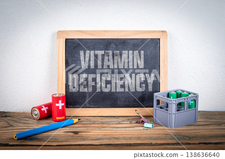 VITAMIN DEFICIENCY Chalkboard Message With Batteries And Office Objects On Table VITAMIN DEFICIENCY Chalkboard Message With Batteries And Office Objects On Table 138636640