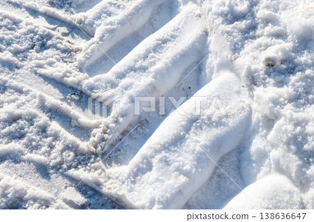 Diagonal Tire Tracks Carved Into Fresh Snow Creating Winter Road Texture Diagonal Tire Tracks Carved Into Fresh Snow Creating Winter Road Texture 138636647