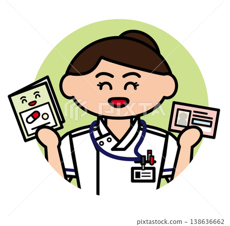 A female nurse holding a medication record book and card (with a round background). A female nurse holding a medication record book and card (with a round background). 138636662