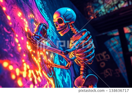 Skeleton creates colorful graffiti while holding a spray paint can in an urban setting at night 138636717