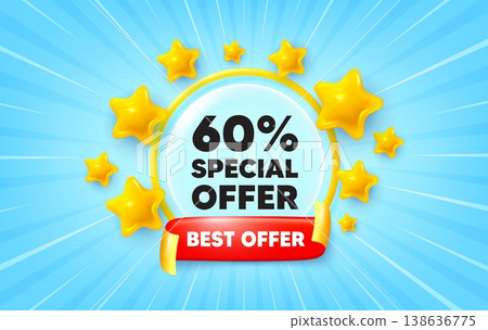 Discount sunburst ray banner. Best offer flag ribbon. 60 percent discount offer tag. Sale price promo sign. Special offer symbol. 3d stars glitter. Red ribbon tag. Discount offer. Vector 138636775