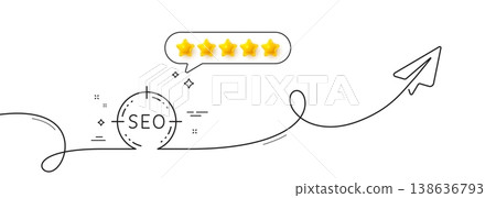 Seo target line icon. Continuous line with share plane. Search engine optimization sign. Aim symbol. Five star rate review in speech bubble. Seo single line ribbon. Loop curve pattern. Vector 138636793