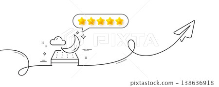 Night mattress line icon. Continuous line with share plane. Orthopedic sleeping pad sign. Breathable sleep bed symbol. Five star rate review in speech bubble. Night mattress single line ribbon. Vector Night mattress line icon. Continuous line with share plane. Orthopedic sleeping pad sign. Breathable sleep bed symbol. Five star rate review in speech bubble. Night mattress single line ribbon. Vector 138636918
