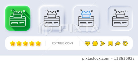 Loyalty card line icon. Neumorphic, Flat shadow, 3d buttons. Bonus points. Discount program symbol. Line loyalty card icon. Social media icons. Vector 138636922