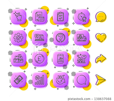 Calendar tax, Checklist and Delivery truck line icons. App 3d buttons. Social media comment, share, like icons. Pack of 5g wifi, Wholesale goods, Best result icon. Vector Calendar tax, Checklist and Delivery truck line icons. App 3d buttons. Social media comment, share, like icons. Pack of 5g wifi, Wholesale goods, Best result icon. Vector 138637088