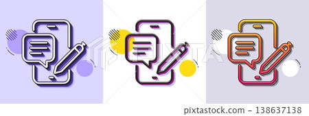 Phone chat line icon. Halftone dotted pattern. Gradient icon with grain shadow. Smartphone app sign. Cellphone mobile device symbol. Line phone chat icon. Various designs. Vector 138637138