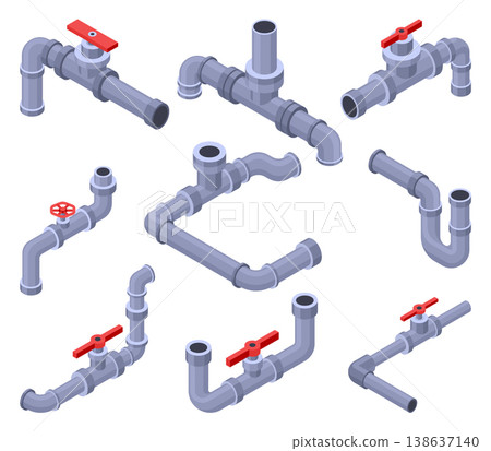 Isometric pipes. Water tubes, pipeline with valve. Oil, gas industry tube construction. Plastic plumbing system 3d vector isolated set. Pieces of pipes 138637140
