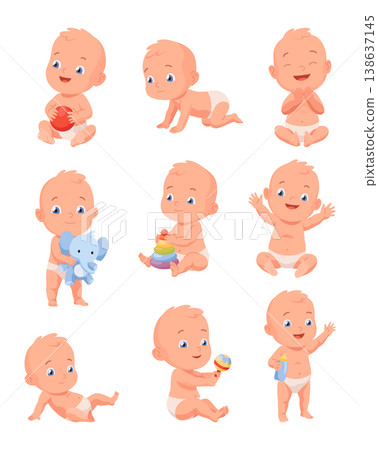 New born baby. Toddler with gentle smile on its face. Cute newborn infant. Vector cartoon illustration isolated on white background New born baby. Toddler with gentle smile on its face. Cute newborn infant. Vector cartoon illustration isolated on white background 138637145