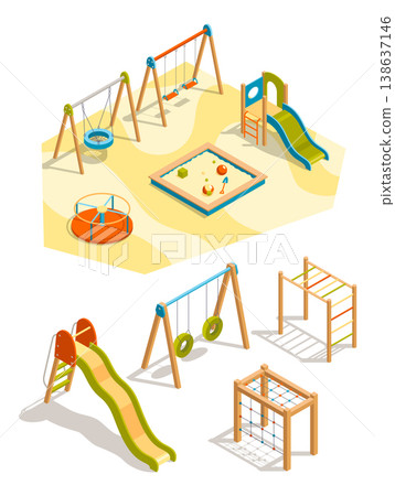 Isometric kids playground set. Isolated icons of play equipment for children. Sports equipment elements. Vector illustration Isometric kids playground set. Isolated icons of play equipment for children. Sports equipment elements. Vector illustration 138637146