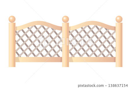 Pastel garden fence. Isolated illustration of pastel lattice fence with flowers. Pastel colored garden fence featuring diamond trellis pattern and curved posts 138637154