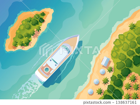 Beach top view yachts landscape. Parasols on beach sand. Sea tropical ocean coastline with umbrella. Sandy shore scenery nature landscape. Vector illustration in flat design style 138637161