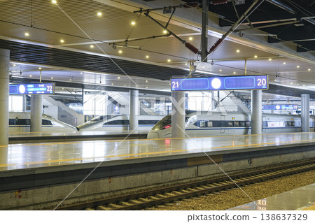 The platform at Hangzhou East Station, where high-speed trains come and go. The platform at Hangzhou East Station, where high-speed trains come and go. 138637329