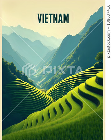Green rice terraces stretch across mountains in Vietnam. The landscape is layered with curves and shapes. The scene shows how farming shapes the land. Light shines on the hills creating a warm view. 138637416