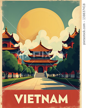 Pagodas stand tall with distinct roofs in Vietnam. A large sun shines in the blue sky. Clouds drift above the structures. Trees line the path to the entrance. It is a bright day. 138637418
