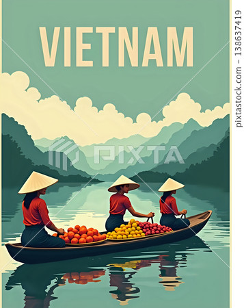 Three women row a wooden boat in Vietnam. They wear conical hats and carry colorful fruit. The landscape has mountains and clouds reflecting on the water. The sun is shining. 138637419