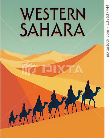Travelers walk on camels across sand dunes in the Western Sahara. The sun sets in the background, casting shadows. The scene shows traditional dress and a desert landscape. 138637444