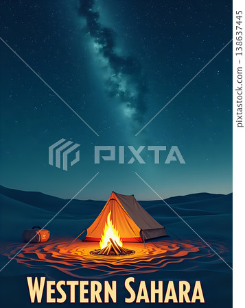 A tent is set up in the desert of Western Sahara. A campfire burns brightly in front of the tent, surrounded by sand dunes. 138637445