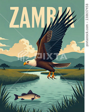 An eagle is diving to catch a fish in a river. The scene shows hills and clouds in the background. Green grass surrounds the river, creating a natural setting in Zambia. 138637458