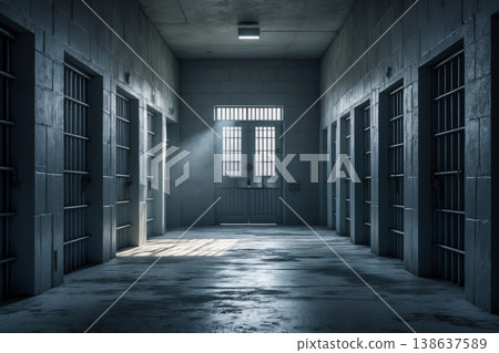 Interior of jail building inside, corridor with isolation prison cell steel doors AI Generative 138637589