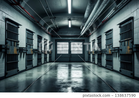 Interior of jail building inside, corridor with isolation prison cell steel doors AI Generative 138637590