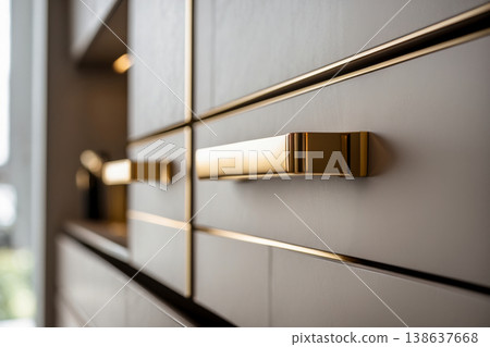 Modern Metal Handle Kitchen Cabinet Design, Furniture Interior Details decor closet AI Generative 138637668