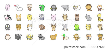 A set of loosely drawn animal doodles of various animals. 138637686