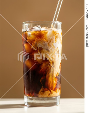 Tall Iced Coffee Glass with Cream Swirl Motion Isolated on a Solid Tan Background 138637687