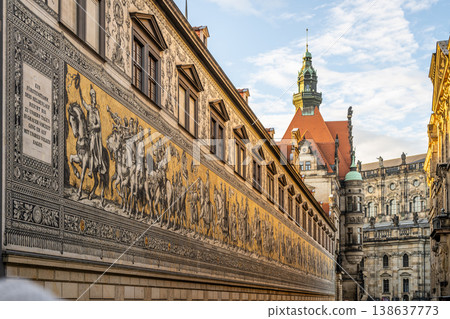 A mural displays The Procession of Princes from Saxony, depicted on a wall in Dresden, Germany. The scene shows many mounted figures, celebrating the history of the region. A mural displays The Procession of Princes from Saxony, depicted on a wall in Dresden, Germany. The scene shows many mounted figures, celebrating the history of the region. 138637773