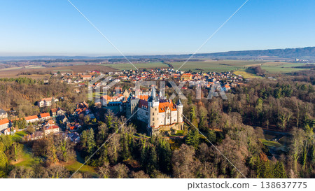 A drone captures Zleby Castle surrounded by trees and fields. The castle stands tall beside a small town, showcasing the historic architecture among the natural landscape, revealing its grandeur. 138637775