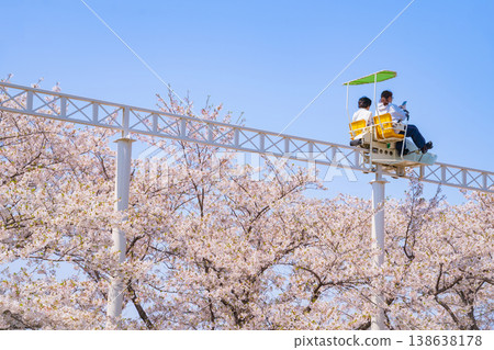Meito Children's Land Todagawa in Spring: Cherry Blossoms in Full Bloom and the Cycle Monorail (Nagoya City, Aichi Prefecture) 138638178