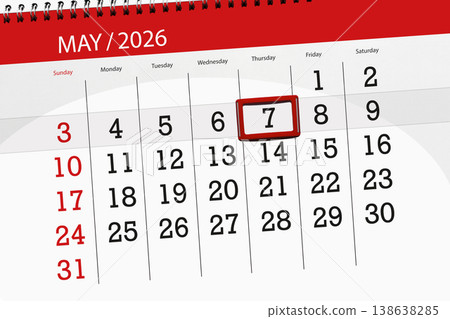 Calendar 2026, deadline, day, month, page, organizer, date, May, thursday, number 7 Calendar 2026, deadline, day, month, page, organizer, date, May, thursday, number 7 138638285