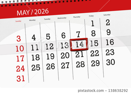 Calendar 2026, deadline, day, month, page, organizer, date, May, thursday, number 14 Calendar 2026, deadline, day, month, page, organizer, date, May, thursday, number 14 138638292