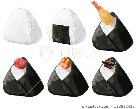 一套6種口味的飯糰(鹽焗飯糰、梅子飯糰、鮭魚飯糰、海帶飯糰、天婦羅飯糰) 一套6種口味的飯糰(鹽焗飯糰、梅子飯糰、鮭魚飯糰、海帶飯糰、天婦羅飯糰) 138638422