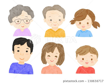A family illustration on a white background showing the upper bodies of a married couple, a brother and sister, and an elderly couple, all smiling. 138638717