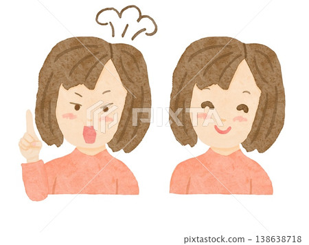 白色背景上的插圖,描繪了兩個女人的腰部以上:一個憤怒地指著什麼,另一個面帶微笑。 白色背景上的插圖,描繪了兩個女人的腰部以上:一個憤怒地指著什麼,另一個面帶微笑。 138638718