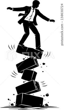 Businessman Balancing on Falling Blocks Representing Risk Instability and Crisis Management Silhouette Illustration 138638724