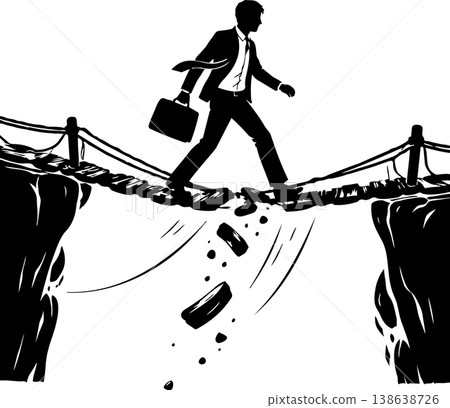 Businessman Crossing Broken Rope Bridge Over Cliff Symbolizing Risk and Career Uncertainty Silhouette Illustration Businessman Crossing Broken Rope Bridge Over Cliff Symbolizing Risk and Career Uncertainty Silhouette Illustration 138638726