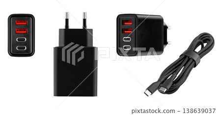 set power adapter, charging adapter with USB and Type-C connector on isolated and white background, set power adapter, charging adapter with USB and Type-C connector on isolated and white background, 138639037