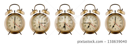 Alarm clock set, vintage clock with time period 06:00, 06:15, 06:30, 06:45, 07:00 a.m., p.m. isolated on white background 138639040