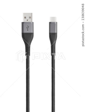 Black cable for charging and synchronization with Type - C, USB, Micro USB, Lightning connectors on a white background Black cable for charging and synchronization with Type - C, USB, Micro USB, Lightning connectors on a white background 138639048