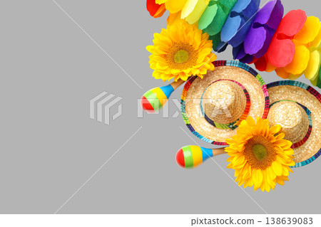 Cinco de Mayo, Decor includes sombreros, maracas, and flowers Cinco de Mayo, Decor includes sombreros, maracas, and flowers 138639083