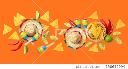 Cinco de Mayo, Colorful sombreros and chips surround party items Cinco de Mayo, Colorful sombreros and chips surround party items 138639094